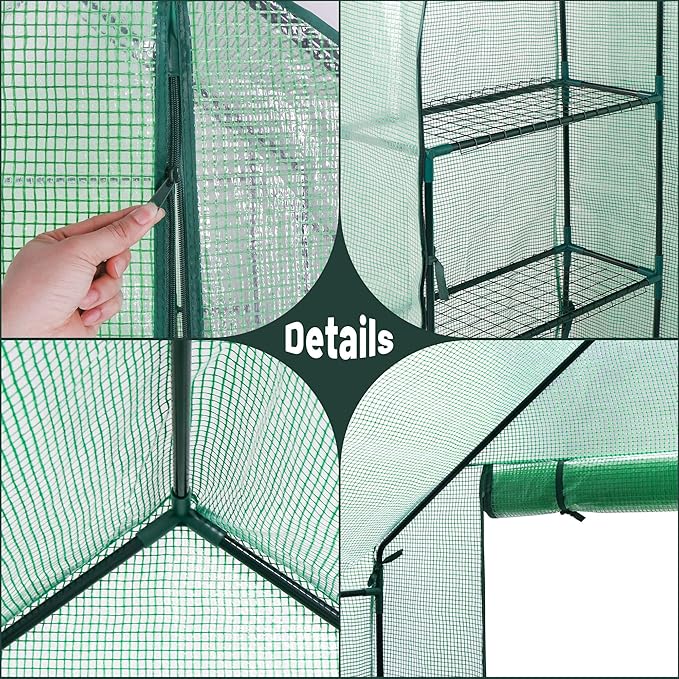 LEMY Mini Walk-in Greenhouse 3 Tiers 6 Shelves with PE Cover,Roll-Up Zipper Door and Mesh Windows,Anchors Ropes for Outdoor Garden,Backyard,Patio,Grow Vegetables,Flowers and Herbs