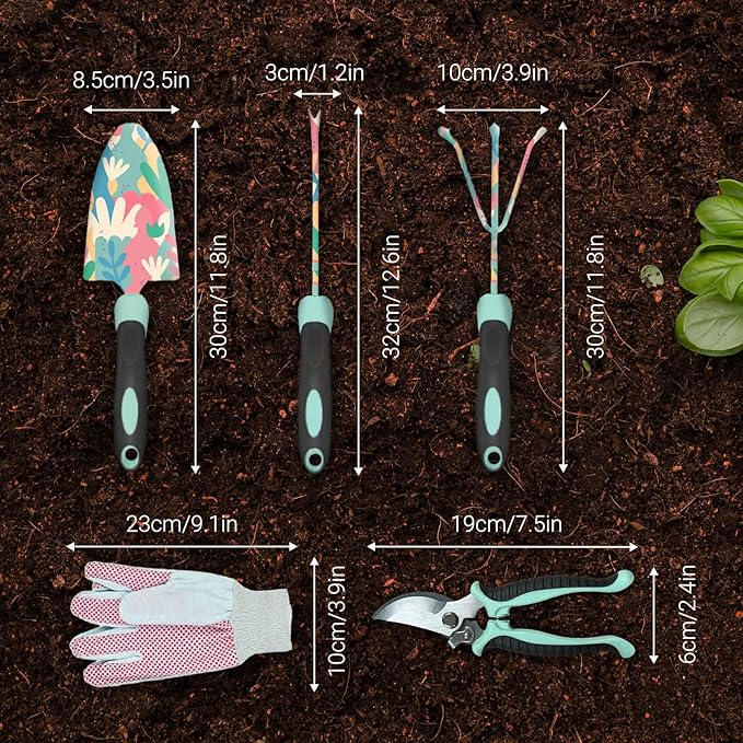 GardenHOME 5-Piece Gardening Tool Kit with Gloves – Durable Floral Garden Tools for Women, Complete Outdoor Garden Set