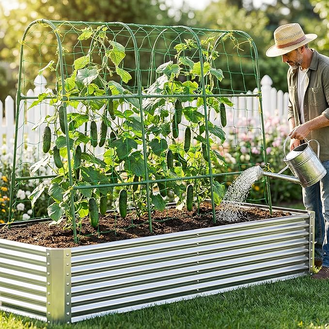 Cucumber Trellis for Climbing Plants Outdoors, U-Shape Garden Trellis for Raised Bed with Netting, Plant Support Structures for Vegetables, Grape, Bean, Tomato, Vines, 48 * 46 inch, Green