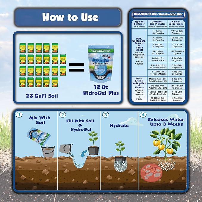 HidroGel Plus Water Storing Crystal Soil Additive With Zeolite Growing Booster, 1 Pack of 12 Oz for 23 CuFt Soil, Helps Prevent Over & Underwatering and Reduce Water Stress for Indoor & Outdoor Plants