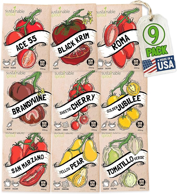 Heirloom Tomato Seeds For Planting: 9 Tomato Variety Pack: Cherry, Brandywine Beefsteak, Yellow Pear, Golden Jubilee, Plum Roma, Tomatillo, Ace 55 San Marzano Organic Tomato Seeds by Sustanible Sprout