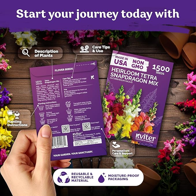 KVITER 3,000 Tetra Mix Snapdragon Seeds, 2 Pack (Antirrhinum Majus) – Heirloom & Organic Tall Snap Dragon Mix, Annual Flower Garden Seeds, Cut Flower Seeds for Planting – Outdoor Garden & Containers