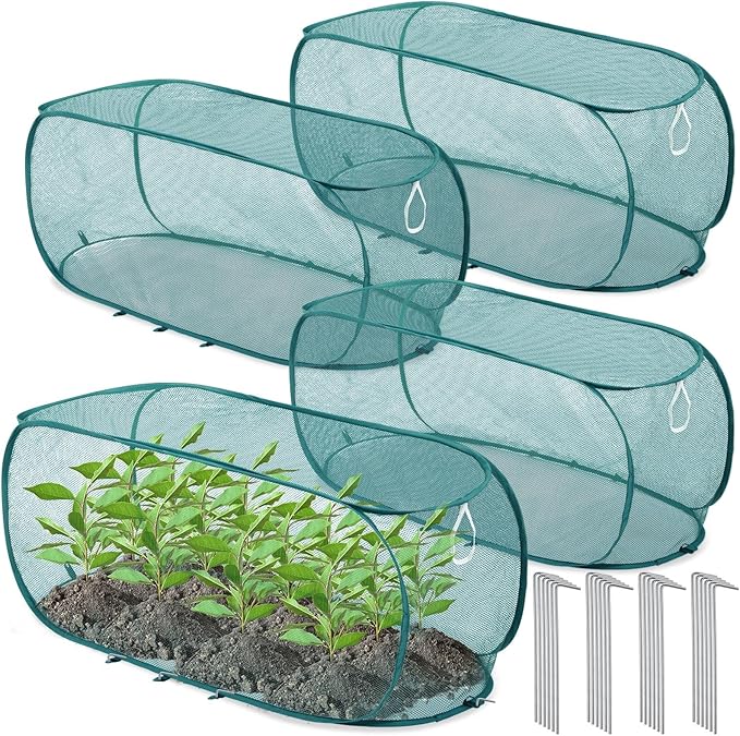 4 Pcs 35'' x 14'' x 16'' Pop up Garden Mesh Plant Cover Outdoor Plant Protector Garden Row Raised Bed Cover with Ground Nails Crop Cage Net for Seedlings Vegetable Fruit Herbs (Dark Green)
