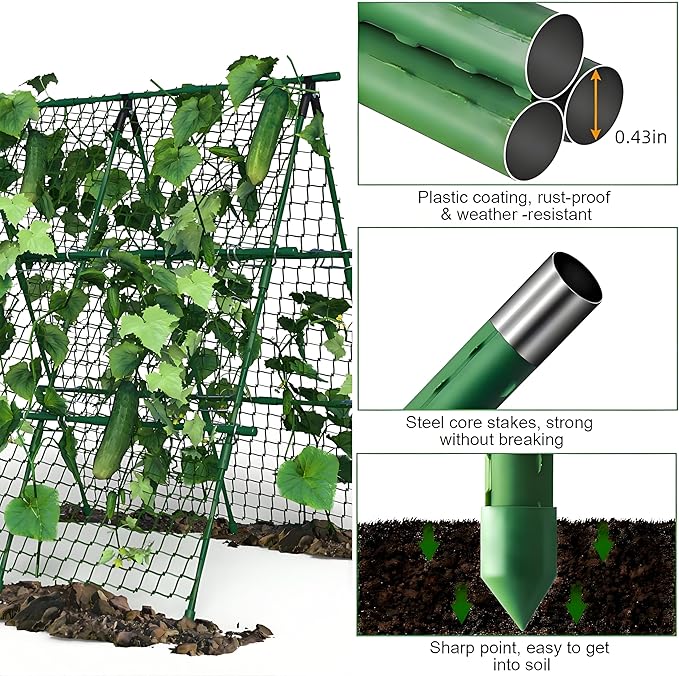 Garden Trellis for Climbing Plants, 4x4 ft Metal A-Frame with Support Netting, Outdoor Vegetable Trellis for Tomatoes Cucumbers Peas Beans Grape Vines, Fits Raised Beds, Green