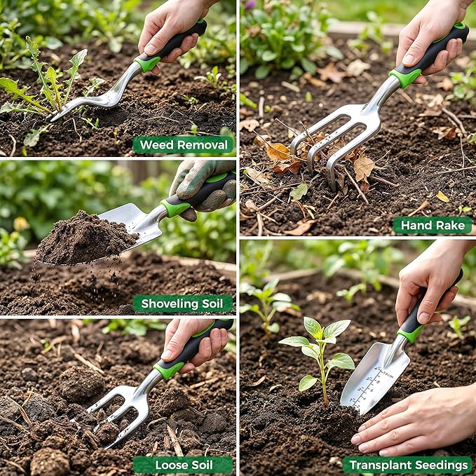 Gardening Tools 10-Piece, Heavy Duty Garden Tool Set with Fashion and Durable Garden Tools Organizer Handbag, Rust-Proof Gardening Hand Tools Weeding Kit, Ideal Gardening Gifts for Women