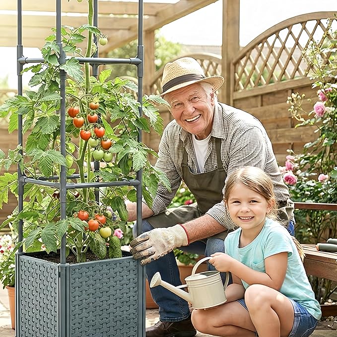 Raised Garden Bed Tomato Planter Box with Trellis, 56.7" Tomato Planters Cage w/Self-Watering for Climbing Plants Vegetables, Patio Indoor Outdoor