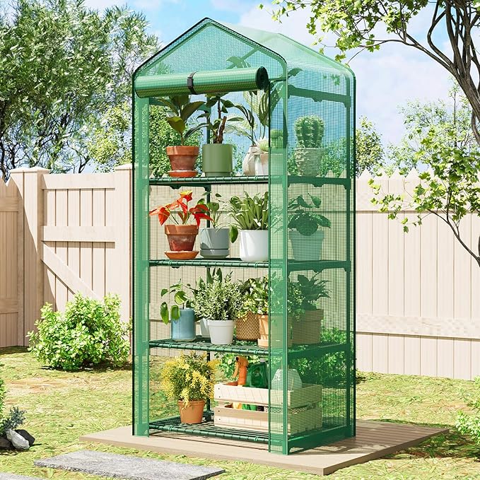 Superlele 4-Tier Mini Greenhouse for Indoor Outdoor, 19.3x27.2x62in Vertical Plant Green House with Adjustable Shelves, Reinforced Green PE Mesh Cover and Zippered Door, Heavy Duty Steel Frame