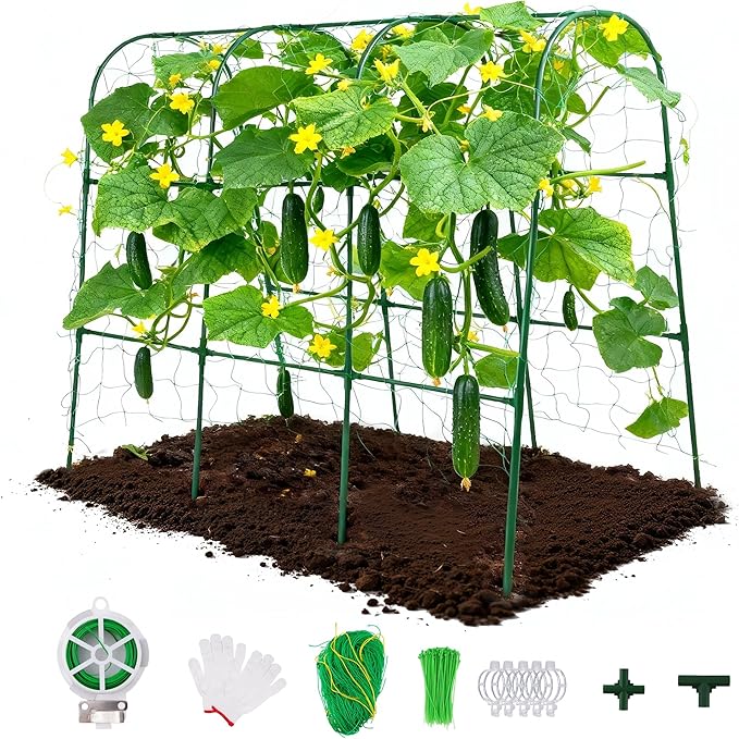 Cucumber Trellis for Raised Garden Bed, U-Shape Plant Support Metel Trellis for Climbing Plants Arch Trellis with Netting for Outdoor Cucumbers,Tomatoes,Vine Climbing Plant(47.2''X32''x47.2''(LxWxH))