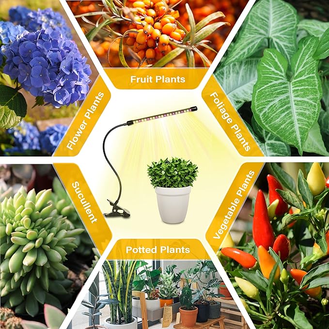 iPower LED Grow Light with Full Spectrum for Indoor Plants, Adjustable Gooseneck, 2/3 Light Modes&5/10 Dimmable Levels, 3 Auto Timing Modes, 1 Tubes, Yellow