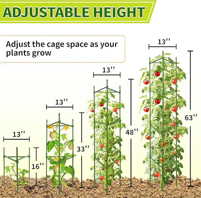 63-Inch Heavy Duty Tomato Cages, 4-Pack Extra Tall Metal Tomato Trellis, Steel Tube Plant Cage for Indeterminate Tomatoes, Cucumbers, Pole Beans – Rust-Proof Coated