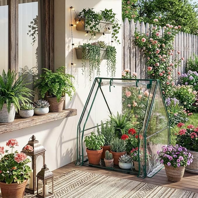 Outvita Mini Greenhouse, Outdoor 3'x3'x3' UV Protected 2-Layer PVC Cover Plant Hot House for Flowers, Seed and Vegetables Protection with Roll-up Zippered Doors for Patio Balcony Backyard