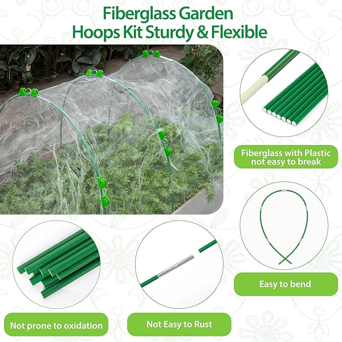 Unves 36 Pcs Garden Hoops, 6 Set of 8.4 Ft Long Fiberglass Garden Hoops for Raised Beds, Plant Stakes for Grow Tunnel Netting, Greenhouse Elevated Planting Shade Cover & Crop Row Bed Garden Stakes