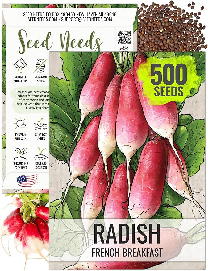 Seed Needs Radish Seeds for Planting French Breakfast Radishes - Non-GMO Heirloom & Untreated - Grow a Home Grown Vegetable Garden - Cool Weather Crops (1 Pack)