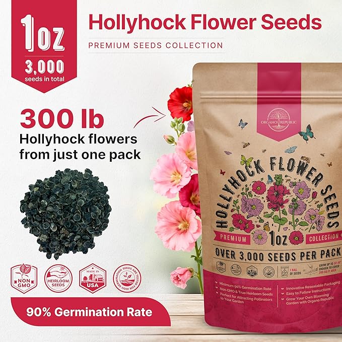 Hollyhock Flower Seeds Pack 1 oz - Over 3,000 Non-GMO Heirloom Hollyhock Seeds for Planting Indoor & Outdoor Gardening, Flower Seed for Home and Garden in Individual Packet, Floral Perennial Mix