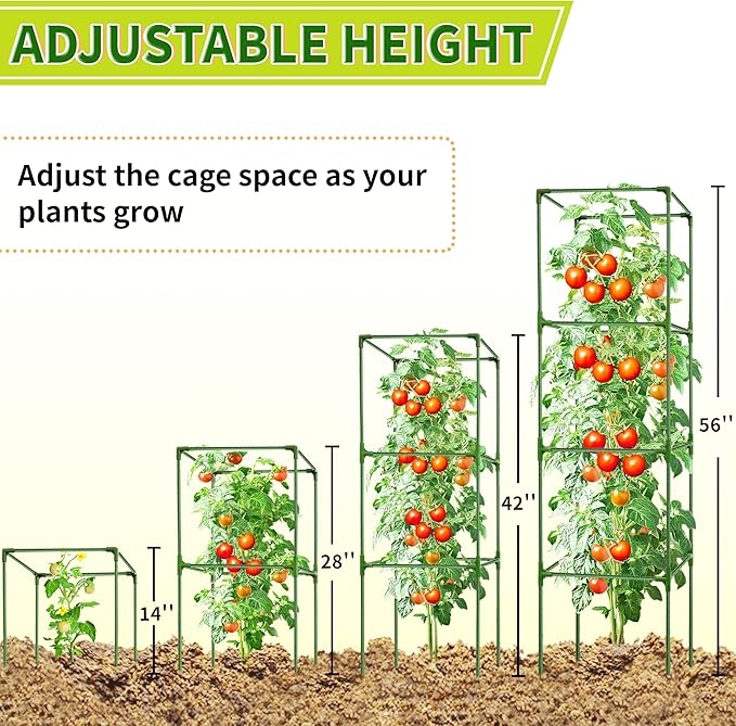 3 Pack Square Tomato Cages for Garden - 56 Inch Heavy Duty Tomato Plant Support Stakes, Sturdy Metal Core with Rust-Resistant Coating, Tomato Trellis for Raised Beds