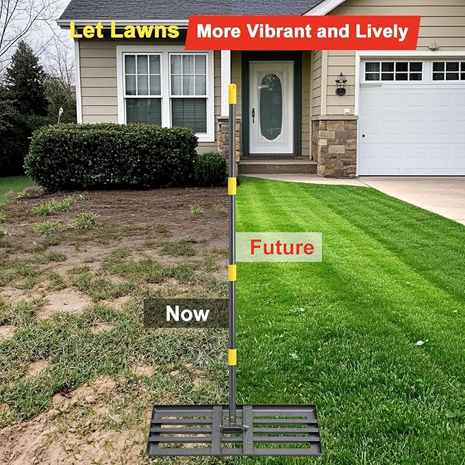 Lawn Leveling Rake - Heavy Duty 30"x10" Stainless Steel Leveler Plate,Reinforced Welds,28-60" Adjustable, Anti Flipping Smooth Edge,for Soil, Dirt,Ground,Yard Top Dressing,Landscaping