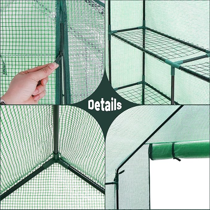 LEMY Walk-in Greenhouse for Outdoors,2-Tier 8 Shelves Heavy-Duty PE Cover with Roll-Up Zipper Door and Windows,Steel Frame Plant Hot House with Anchors,Ropes for Garden,Patio