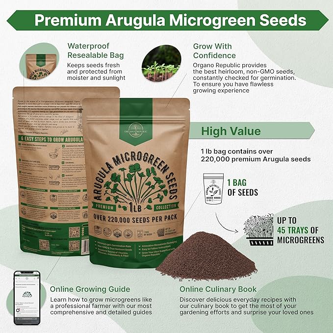 Organo Republic Arugula Sprouting & Microgreens Seeds - Non-GMO, Heirloom Sprout Seeds Kit, 1lb Resealable Bag for & Growing Microgreens in Soil, Coconut Coir, Aerogarden & Hydroponic System.