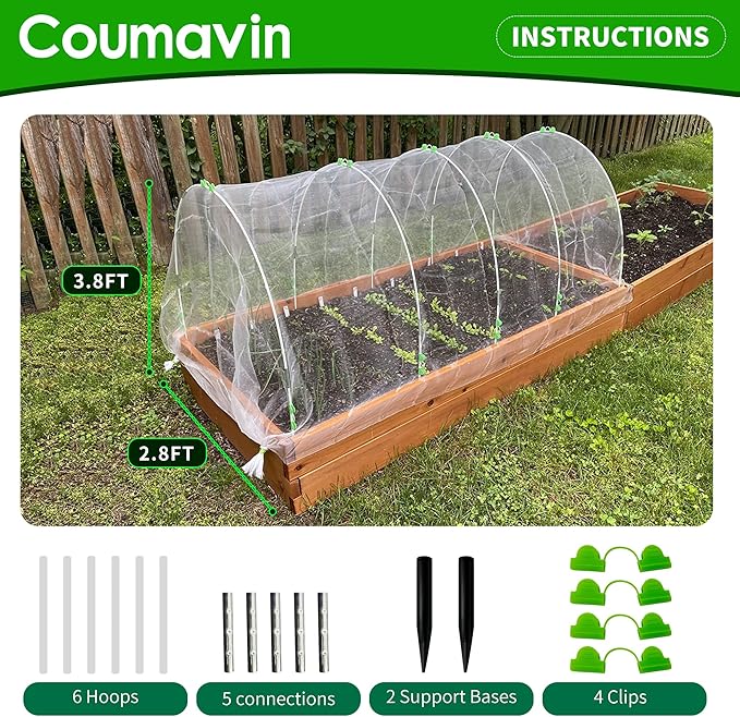 8FT Rust-Free Fiberglass Garden Hoops -72 PCS DIY Grow Tunnel Kit for Raised Beds, Row Cover Support with Connectors/Clips, Sun Shade &Year-Round Plant Protection, White