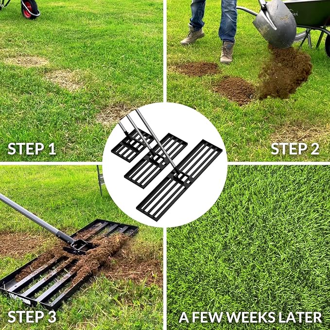 Walensee Lawn Leveling Rake, Levelawn Tool, Heavy Duty Effort Saving Lawn Level Tool, Steel Handle Lawn Leveler for Yard Garden Golf Course , Ease Level Soil Sand Dirt Surfaces, 6.5FT 17"x10"