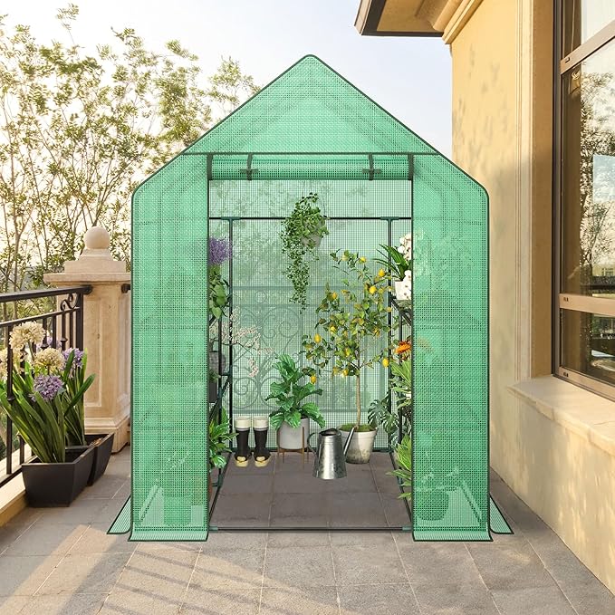 LEMY Walk-in Greenhouse for Outdoors,2-Tier 8 Shelves Heavy-Duty PE Cover with Roll-Up Zipper Door and Windows,Steel Frame Plant Hot House with Anchors,Ropes for Garden,Patio