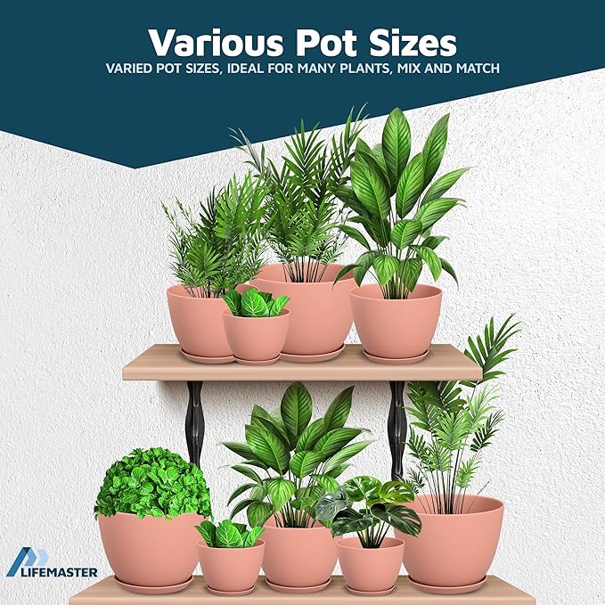 Planter Pots with Drainage Holes - Lightweight, Durable, and Space-Saving Pots for Indoor and Outdoor - Versatile Functionality, Simple Modern Design, Set of 10 Plastic Planter Pots - Pink