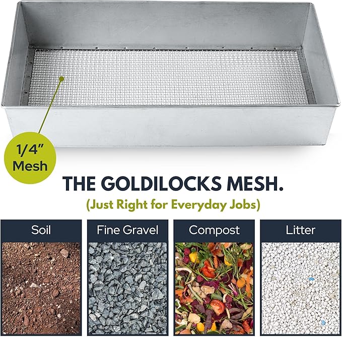 Soil Sifter, Wide Size (17.5 x 11.5 inches) with 1/4-inch Mesh, Garden Sieve for Dirt, Sand, Rocks, and Compost