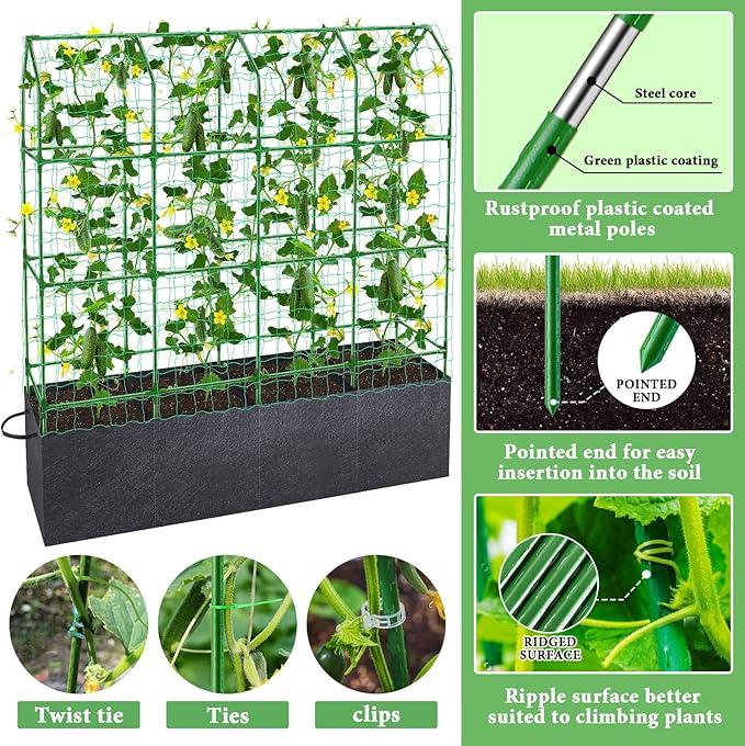 66x65x18 Inch Cucumber Trellis for Raised Bed - with 61 Gallon Grow Bags, Garden Trellis for Climbing Plants Outdoor with Climbing Net and Plant Support for Cucumber, Tomato, Vegetable, Grape, Vine