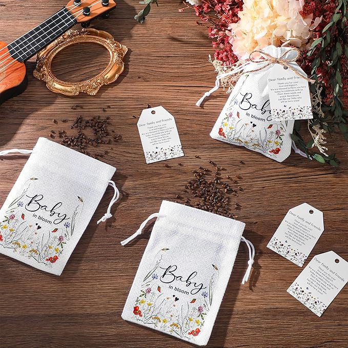 Fumete 50 Sets Wildflower Baby Shower Seed Packets Party Favors for Guests Baby in Bloom Favors Decorations Burlap Bags with Drawstring Thank You Cards and Twine, No Seeds (Bloom)