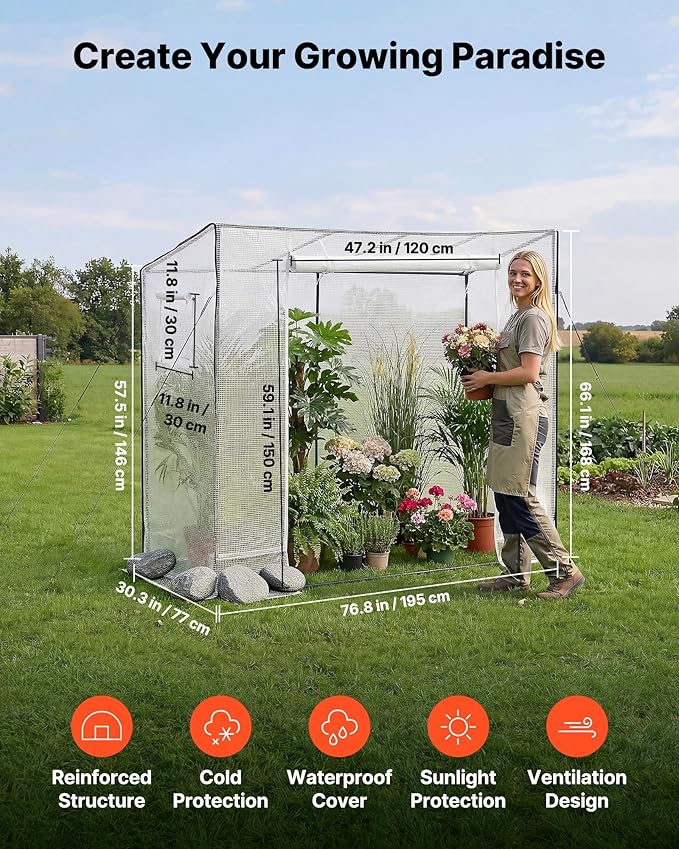 VEVOR Walk-in Greenhouse, 76.8" x 30.3" x 66.1" Greenhouse for Outdoors with Windows, PE Cover, Roll-Up Zipper Door, Walk in Green House Kit, Portable Plant Garden Hot House for Backyard, Outside