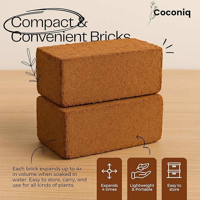 COCONIQ Premium Coco Coir Bricks 8 Pack - Lightweight Cocopeat for Garden Soil, Compressed Coconut Fiber Brick for Potting, Gardening, Planting, Seed Starting, Indoor & Outdoor Plants, Set of 8