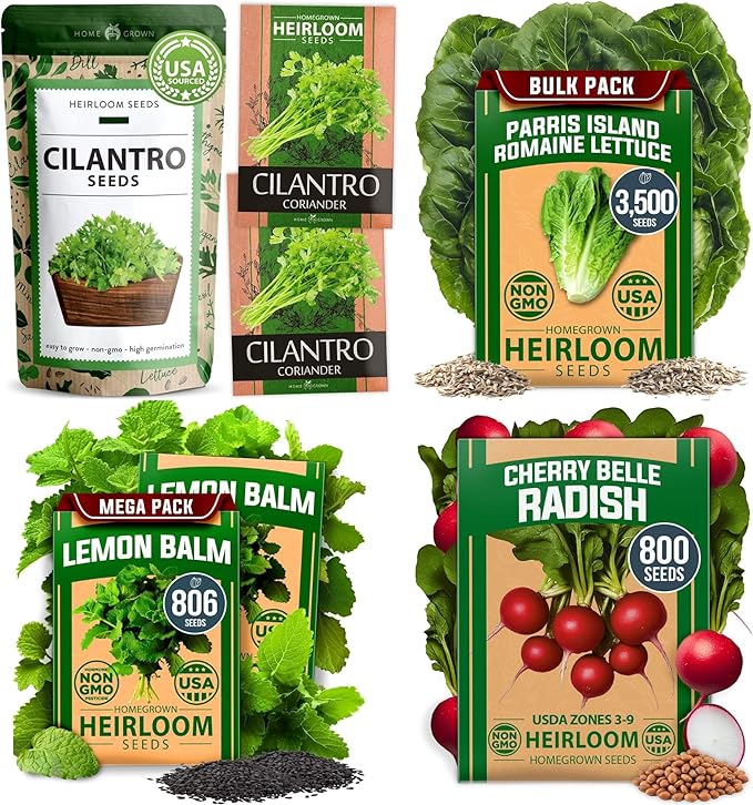 Kitchen Herbs – Lemon Balm, Cilantro, Romaine Lettuce & Cherry Belle Radish – 5,600+ 𝗡𝗢𝗡-𝗚𝗠𝗢 𝗨𝗦𝗔 Heirloom Seeds – Indoor & Outdoor Growing for Salads & Cooking