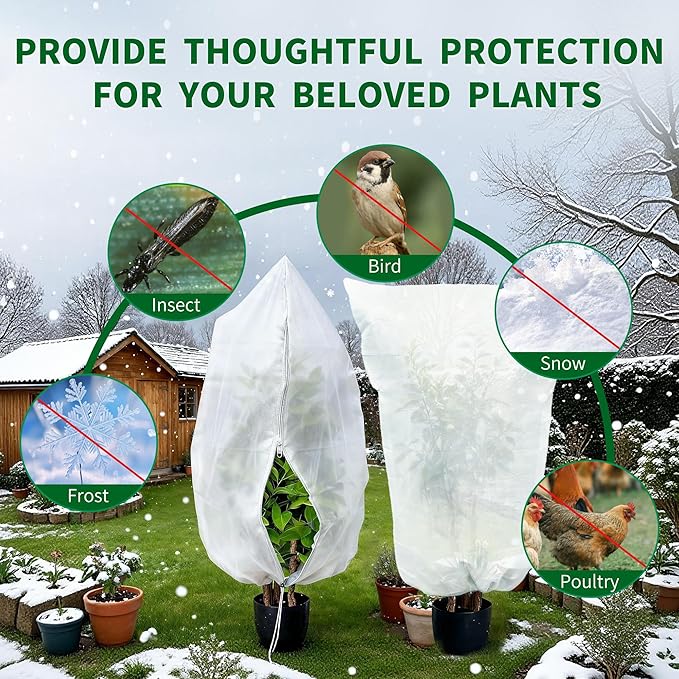 Spring Plant Covers Wind and Frost Protection, Reusable & Breathable Non-Woven Fabric Plant Covers with Zipper Drawstring to Protect Trees, Garden Flower, 5 Pack, White, 31.5" x 47.3"