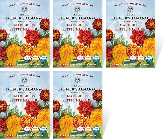 The Old Farmer's Almanac Petite Mixture Marigold Seeds - Premium Non-GMO, Open Pollinated, USA Origin (5 Packets, 5 Grams, Approx 1000 Seeds)