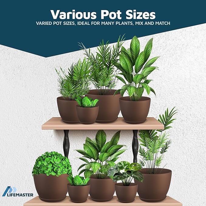 Planter Pots with Drainage Holes - Lightweight, Durable & Space-Saving Pots for Indoor and Outdoor - Versatile Functionality, Simple Modern Design, Set of 20 Plastic Planter Pots - Brown