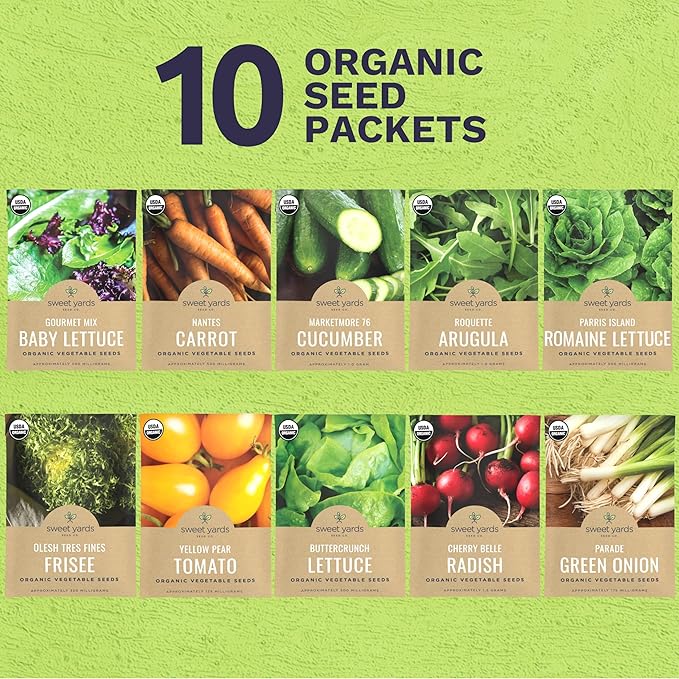 Organic Salad Lover Seeds Variety Pack - 10 Individual Packs - 2026 Season - Yellow Pear Tomato, Buttercrunch Lettuce and More! for Indoor & Outdoor Planting (Non-GMO, Certified Organic)