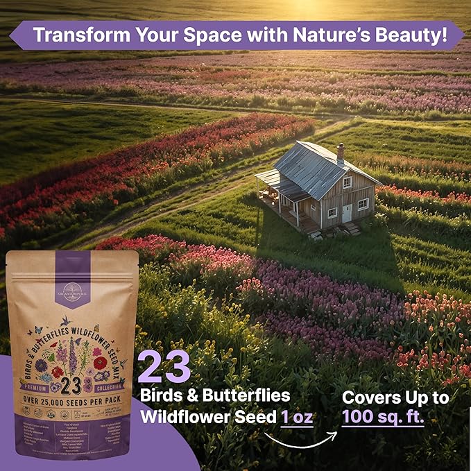 Organo Republic 23 Wildflower Seeds Annual & Perennial Mix for Indoor & Outdoors, Attract Birds & Butterflies 25,000+ Non-GMO, Heirloom Garden Seeds, 1oz Packet for Growing Wild Flowers