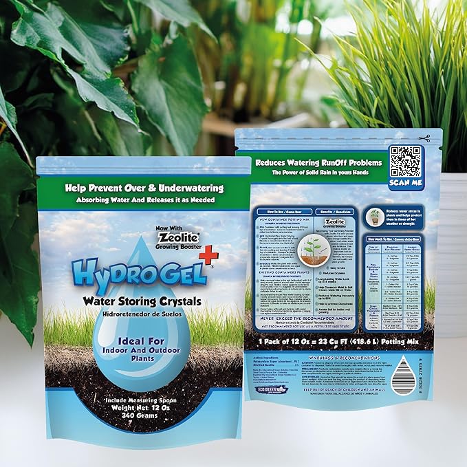 HidroGel Plus Water Storing Crystal Soil Additive With Zeolite Growing Booster, 1 Pack of 12 Oz for 23 CuFt Soil, Helps Prevent Over & Underwatering and Reduce Water Stress for Indoor & Outdoor Plants