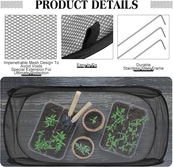 4 Pcs 39" x 18" x 16" Pop up Garden Mesh Plant Cover Outdoor Plant Protector Garden Row Raised Bed Cover with Ground Nails Crop Cage Net for Seedlings Vegetable Fruit Herbs (Black)