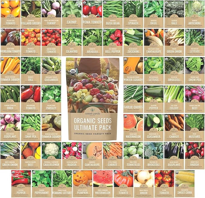 Organic Seeds Ultimate Variety Pack - 60 Individual Packs - 2026 Season - Genovese Basil, Nantes Carrot, Roquette Arugula and More! for Indoor & Outdoor Planting (Non-GMO, Certified Organic)