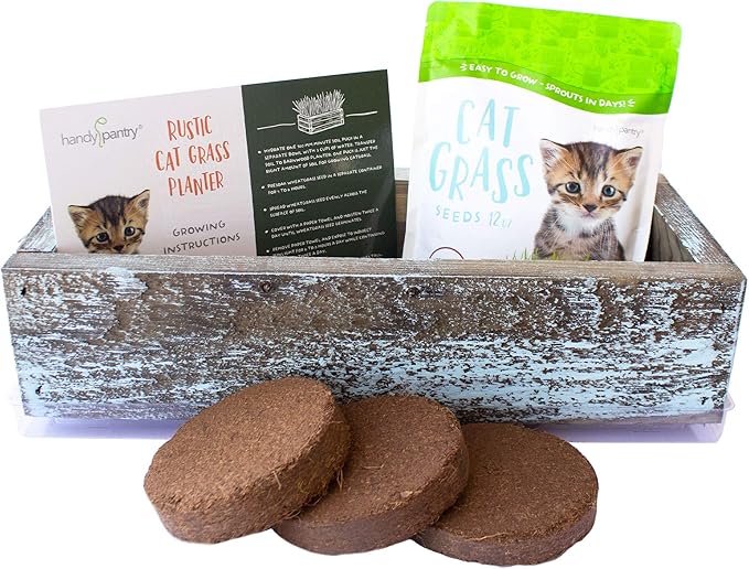 Organic Cat Grass Seeds Kit - Decorative Reclaimed Barnwood Style Organic Wheatgrass Seeds Planter - Aged Brown - Hairball Remedy for Cats, Healthy Pet Grass Supplement & Wheatgrass Growing Kit