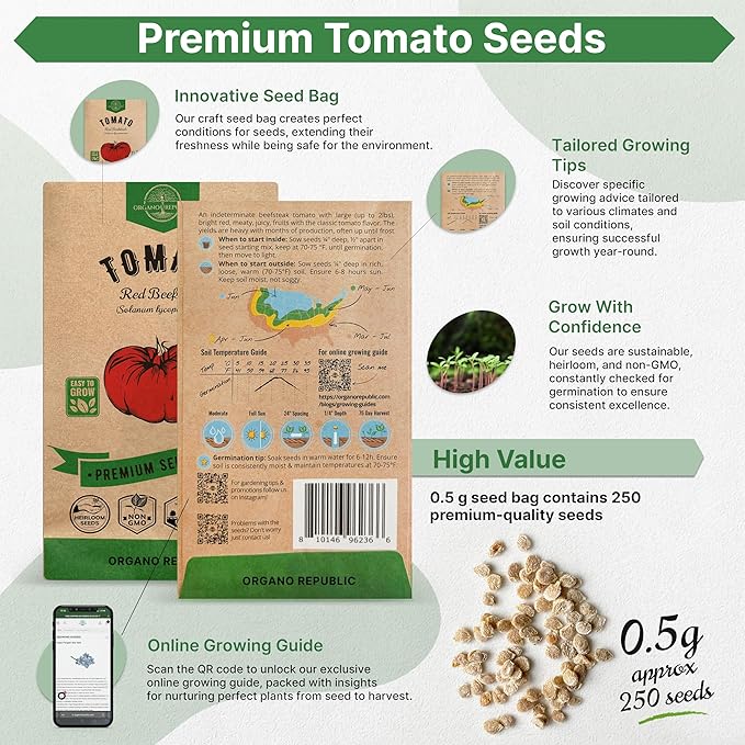 Red Beefsteak Tomato Seeds Pack 0.5 G - Over 250 Non-GMO Heirloom Tomato Seeds for Planting Vegetables in Individual Seed Packet, Vegetable Seeds for Planting Home Garden Indoor & Outdoor Gardening