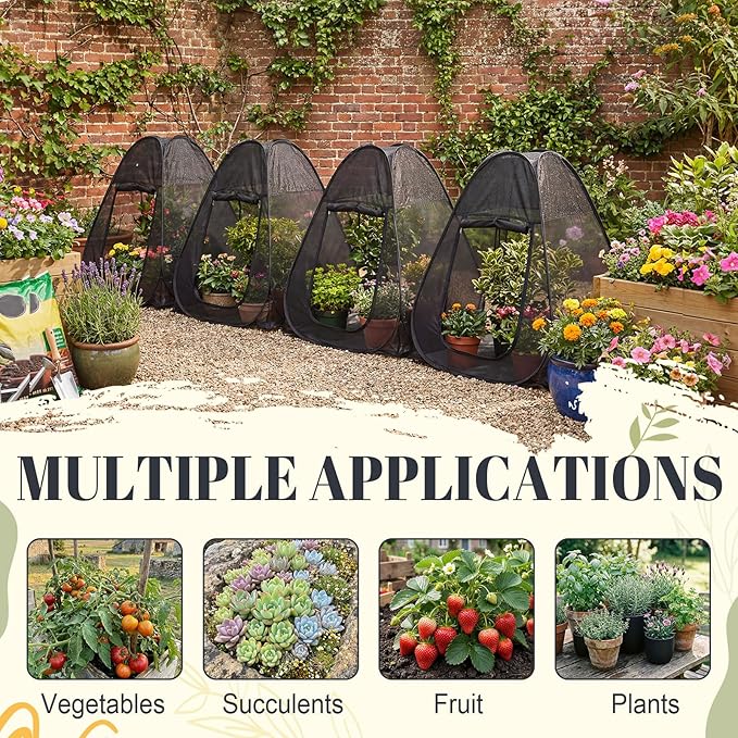 4 Pack Pop up Plant Shade Tent with UV Top, Garden Mesh Tent Cover with Zipper Door and 16 Stakes, Sunblock Plant Shade Cloth for Outdoor Vegetables Flowers Shrubs (28x28x30in)