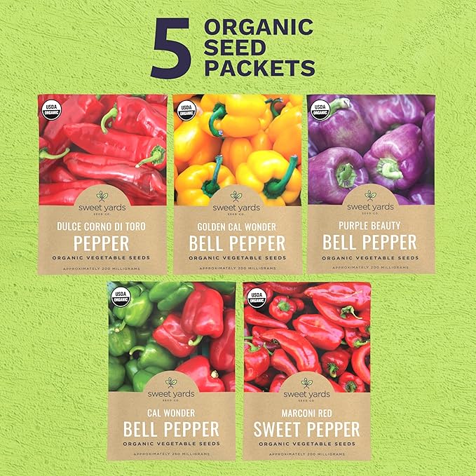 Organic Sweet Pepper Seeds Variety Pack - 5 Individual Packs - 2026 Season - Red, Yellow, Green and More! for Indoor & Outdoor Planting (Non-GMO, Certified Organic)