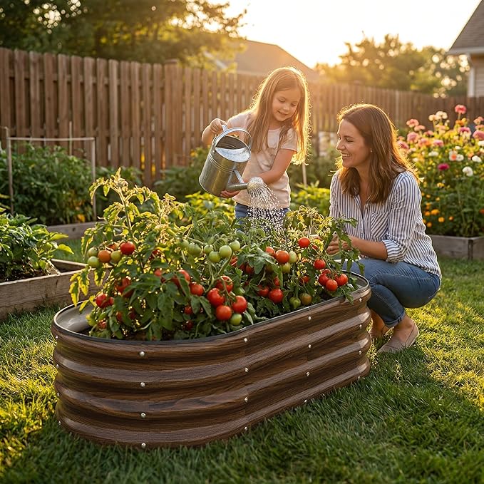 SnugNiture Galvanized Raised Garden Bed Outdoor, 2 Pcs 4x2x1ft Oval Metal Planter Box for Planting Plants Vegetables, Brown