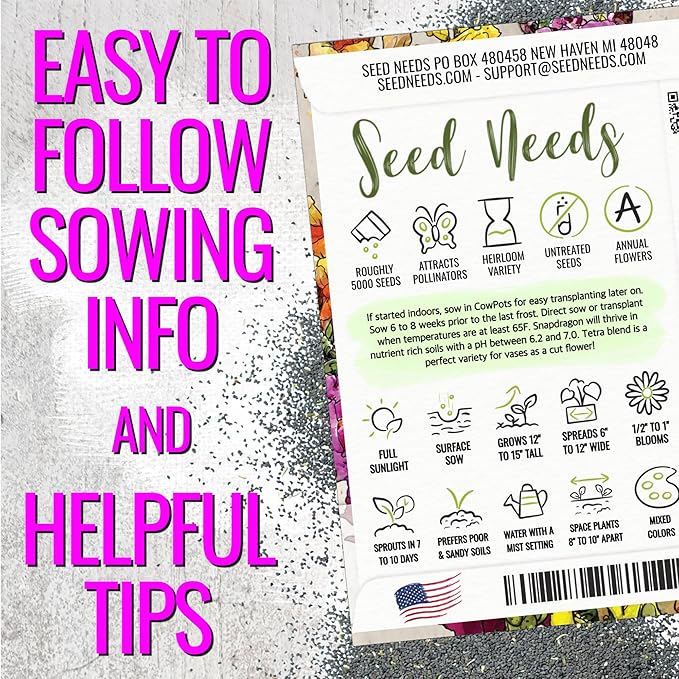 Seed Needs Snapdragon Seeds for Planting Baby Snapdragons - Fairy Bouquet Blend - Heirloom & Open Pollinated Flower Seed to Plant an Outdoor Butterfly Garden (2 Packs)