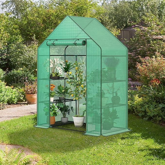 LEMY Mini Walk-in Greenhouse 3 Tiers 6 Shelves with PE Cover,Roll-Up Zipper Door and Mesh Windows,Anchors Ropes for Outdoor Garden,Backyard,Patio,Grow Vegetables,Flowers and Herbs
