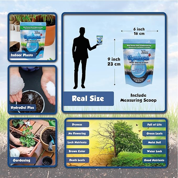 HidroGel Plus Water Storing Crystal Soil Additive With Zeolite Growing Booster, 1 Pack of 12 Oz for 23 CuFt Soil, Helps Prevent Over & Underwatering and Reduce Water Stress for Indoor & Outdoor Plants
