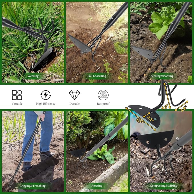 2 in 1 Hoe Garden Tool for Weeding& Cultivator - 52 inch Heavy Duty Garden Hoe with Upgraded Claw 3-Tine Tiller Rake,Long Handle Weed Grass Removal Tools for Gardening,Soil Loosening,Planting,Digging