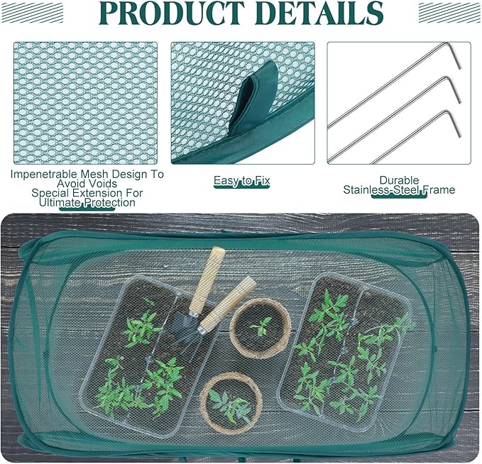 4 Pcs 35'' x 14'' x 16'' Pop up Garden Mesh Plant Cover Outdoor Plant Protector Garden Row Raised Bed Cover with Ground Nails Crop Cage Net for Seedlings Vegetable Fruit Herbs (Dark Green)